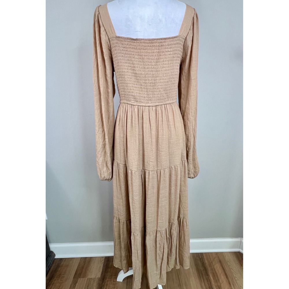 August Sky Smocked Tiered Maxi Dress Size L Puff Sleeve Boho Peasant Cottagecore - Picture 3 of 11